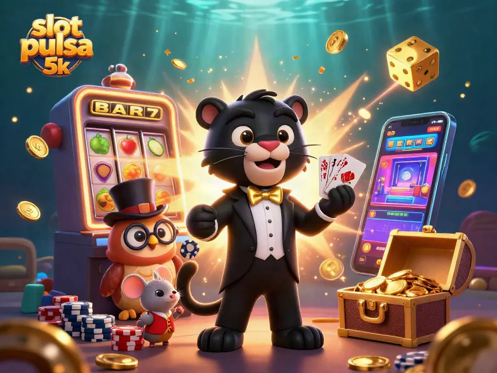 Experience thrilling slot pulsa 5k gameplay with vibrant characters engaging in dynamic casino action.