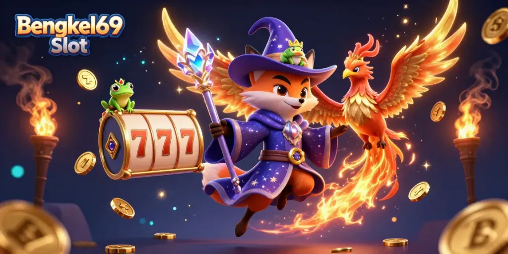 Engage with the excitement of Bengkel69 Slot featuring a mystical wizard fox and phoenix among golden coins.