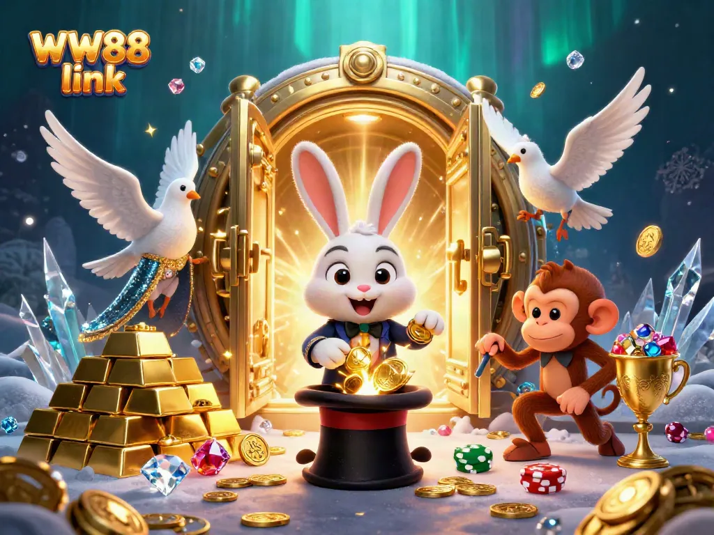 Experience the excitement of WW88 link with a 3D illustration of a magician rabbit revealing treasures and casino elements.