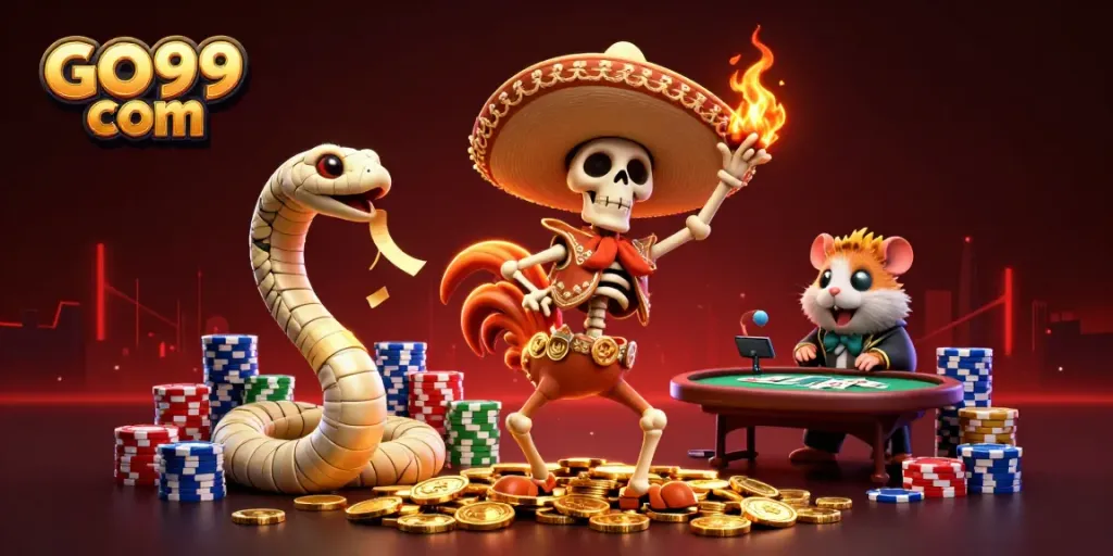 Experience excitement at GO99 com with vibrant casino-themed characters amidst heroic poker elements.