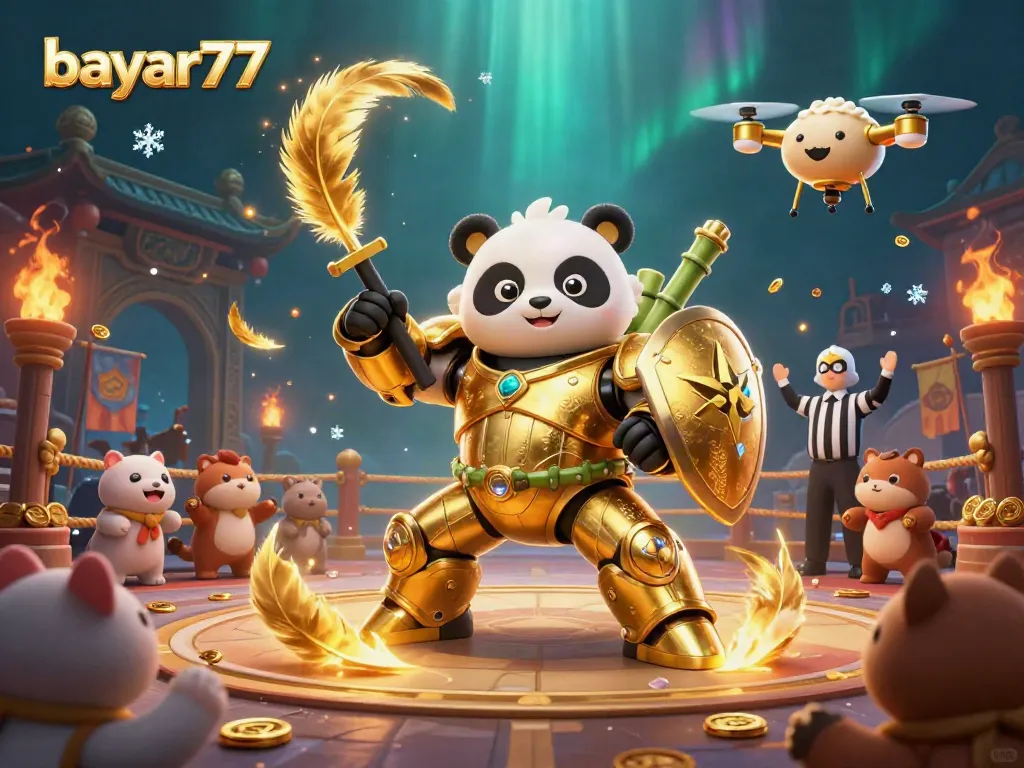 Experience seamless gameplay at bayar77 with a thrilling mech-suit panda battling in a vibrant arena.