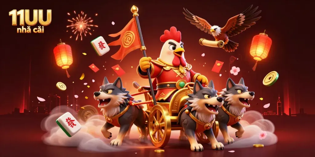 Experience the thrill of 11UU nhà cái with a cartoon rooster warlord in a golden chariot surrounded by festive elements.