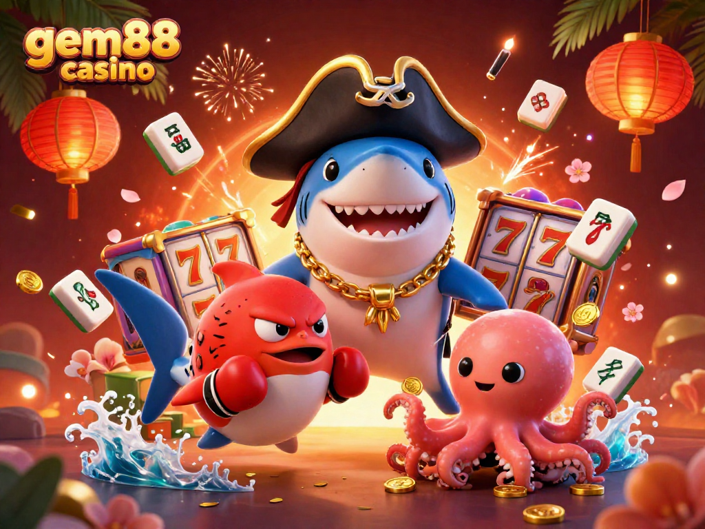 Engage with exciting games at gem88 casino featuring a dynamic 3D scene with casino characters and elements.