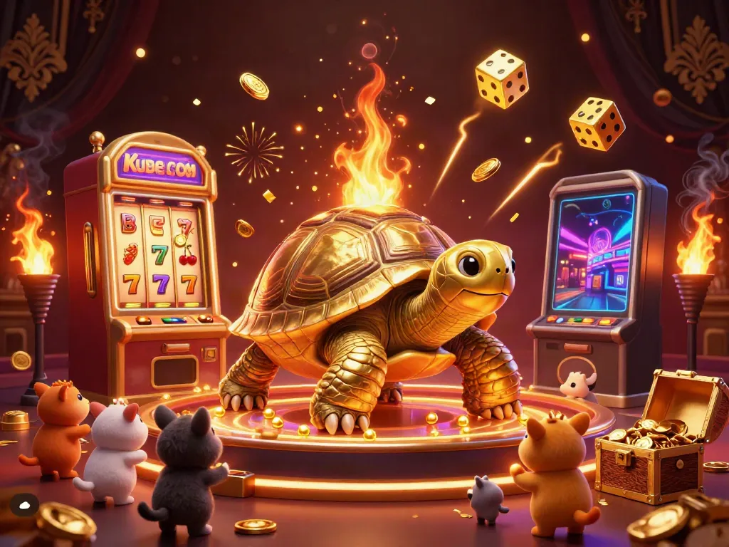 Engage with Kubet com's thrilling slot adventure featuring a golden tortoise pinball machine, surrounded by vibrant gaming elements.