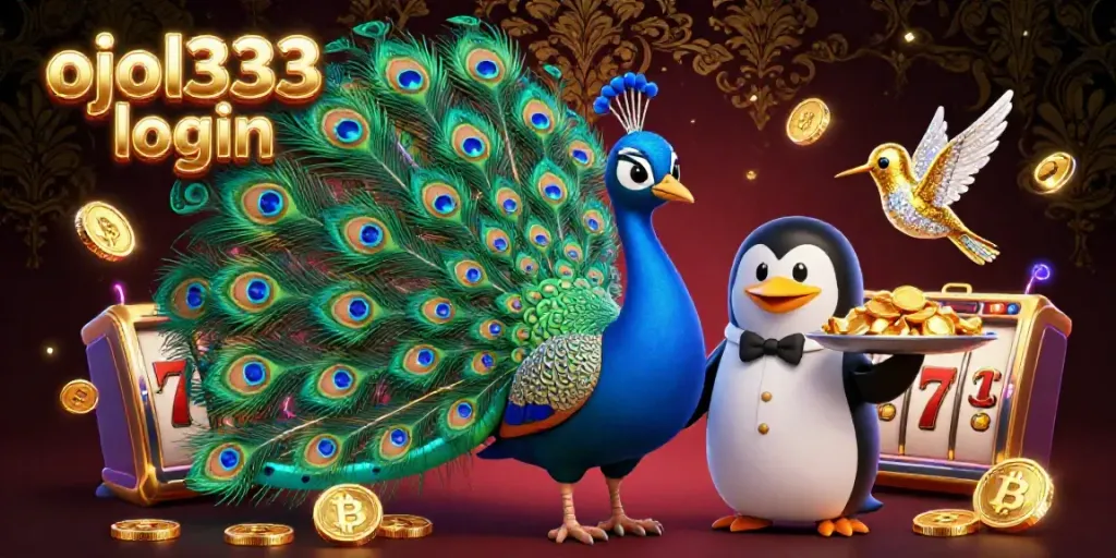 Experience the vibrant world of gambling with ojol333 login, featuring a majestic peacock, butler penguin, and colorful coins.