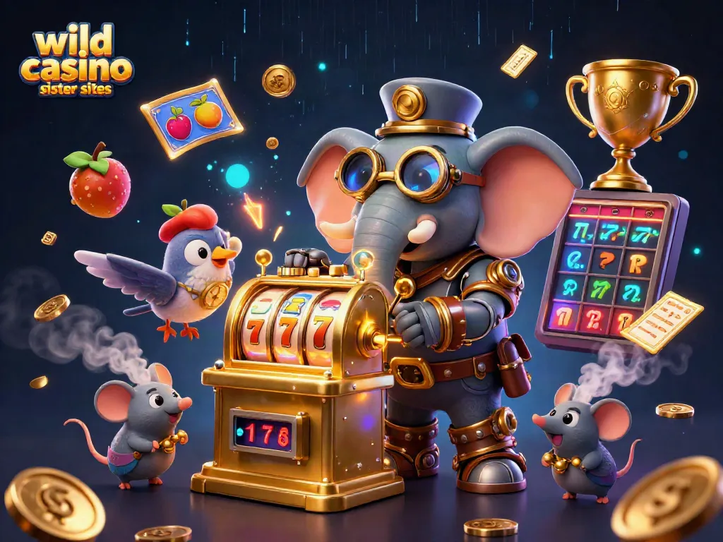 Explore wild casino sister sites with vibrant 3D cartoon characters and dynamic slot machine elements.