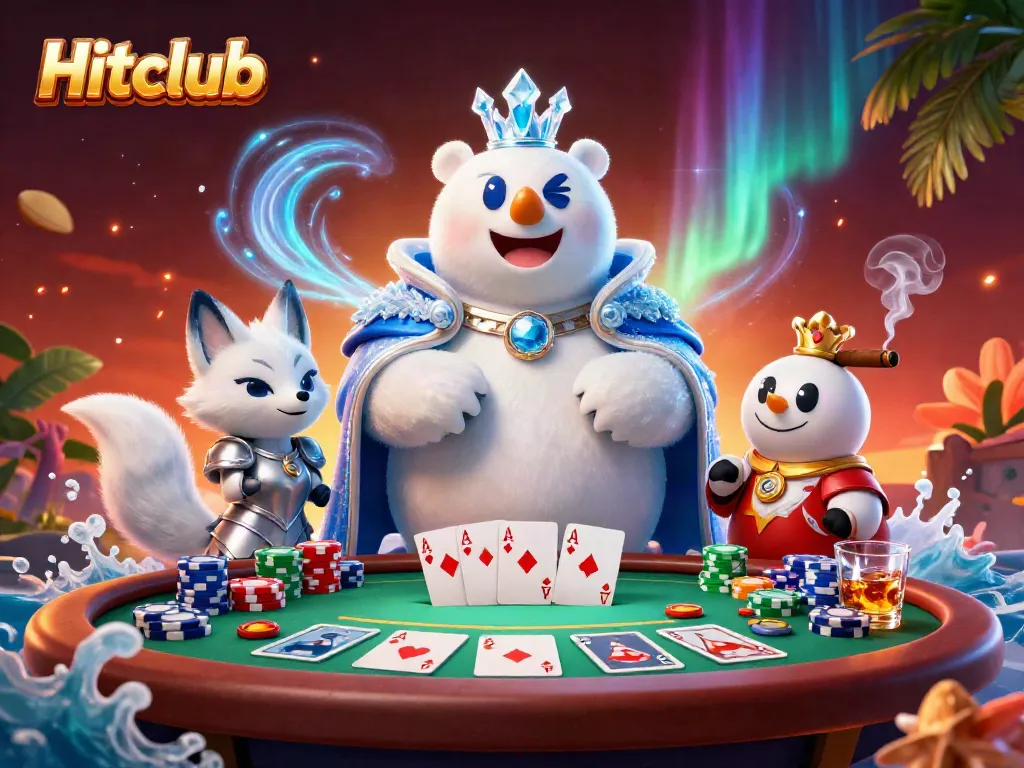 Hitclub's vibrant card game scene with a polar bear and snow fox amidst poker elements, showcasing excitement.