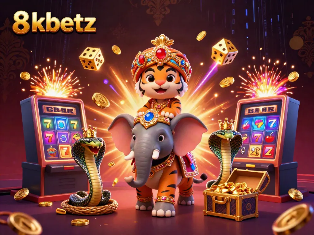 Experience the excitement of 8xbetz in this vibrant 3D casino scene featuring a tiger maharaja and dynamic game elements.