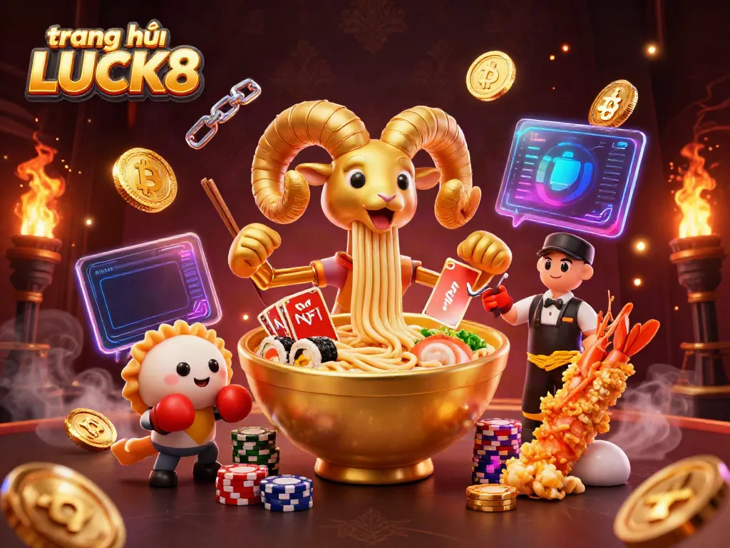 Animate your play with the vibrant atmosphere of trang chủ LUCK8, featuring a playful golden ramen bowl in action!
