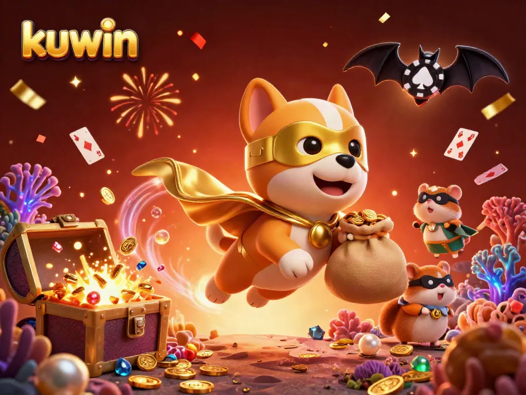 Engage in thrilling adventures with kuwin, where a superhero dog and hamster explore a treasure-filled casino scene.