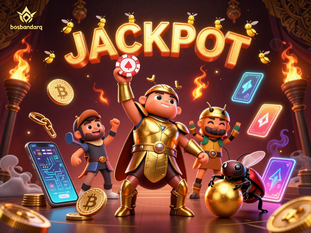 Win with bosbandarq as a heroic beetle celebrates lifting a poker chip amidst crypto riches.