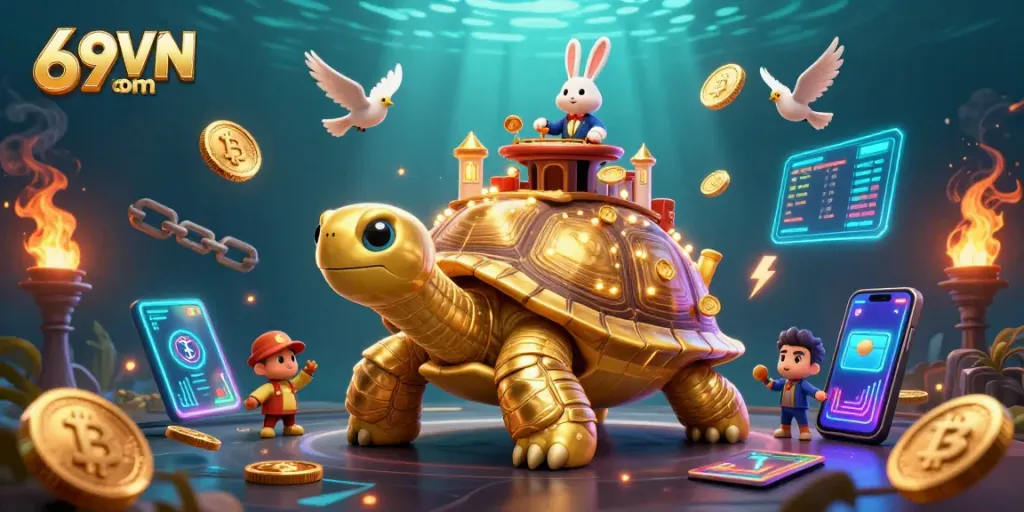 Experience exciting gameplay at 69VN com with vibrant 3D casino scenes showcasing golden tortoises and colorful game elements.