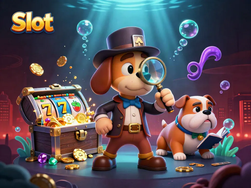 Spin the Slot reels with a detective investigating clues in this vibrant casino illustration.