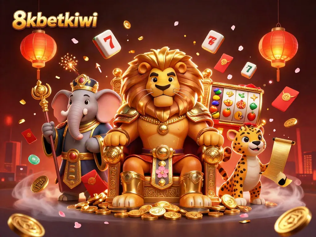 Experience thrilling casino adventures with 8xbetkiwi's lion king, flanked by an elephant advisor and cheetah messenger.