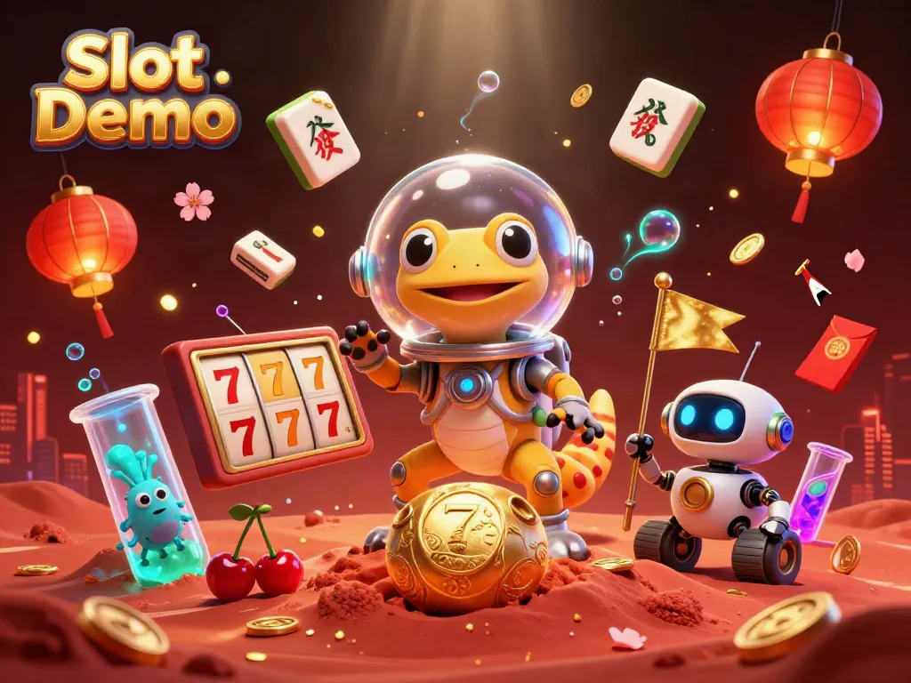 Experience Slot Demo's thrilling gameplay with a Martian gecko and casino treasures in this vibrant illustration.