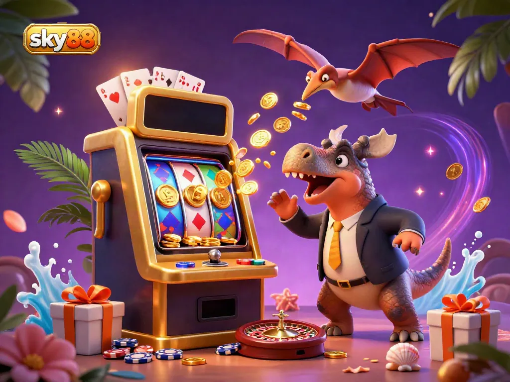 Sky88 casino scene showcasing a pachycephalosaurus hitting a slot machine, coins flying around.