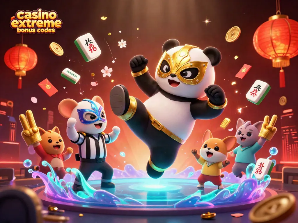 Witness the excitement with casino extreme bonus codes as a panda wrestler delivers a kick amid festive elements.