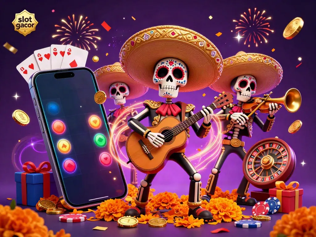 Engaging illustration of Dia de los Muertos skeleton musicians celebrating slot gacor gameplay with vibrant casino elements.