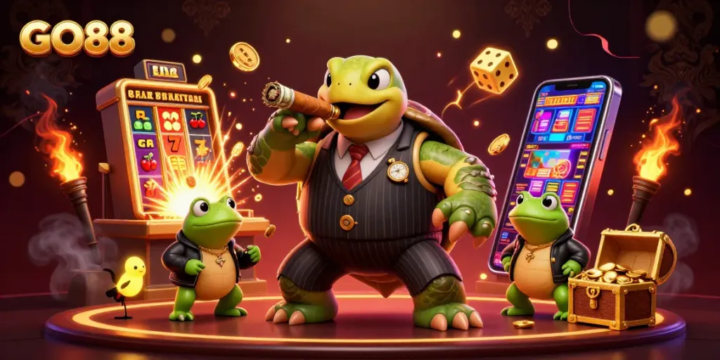 Experience excitement with GO88's dynamic casino scene featuring a turtle mobster and frog enforcers.