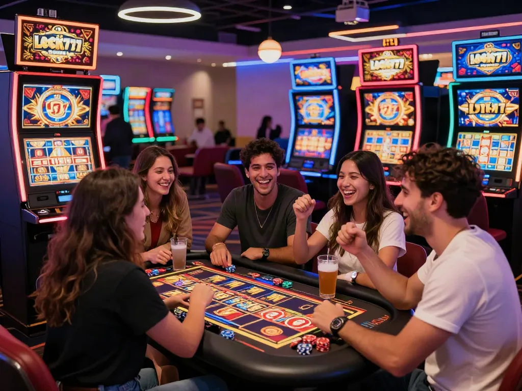 Group enjoying the vibrant atmosphere while playing Lucky777-themed slot machines in a casino.