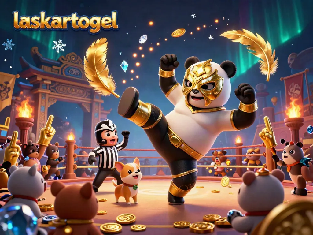 Engage in the exhilarating atmosphere of laskartogel with a flying panda wrestler in a dynamic casino setting.