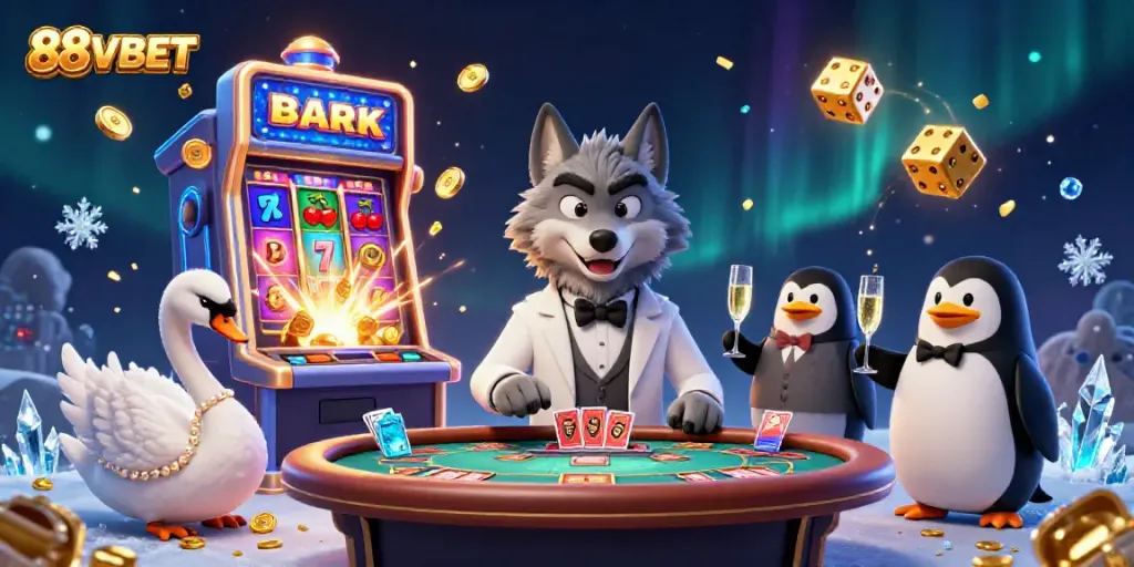Engage in thrilling games at 88VBET with a captivating casino scene featuring a debonair wolf, elegant swan, and sophisticated penguin.