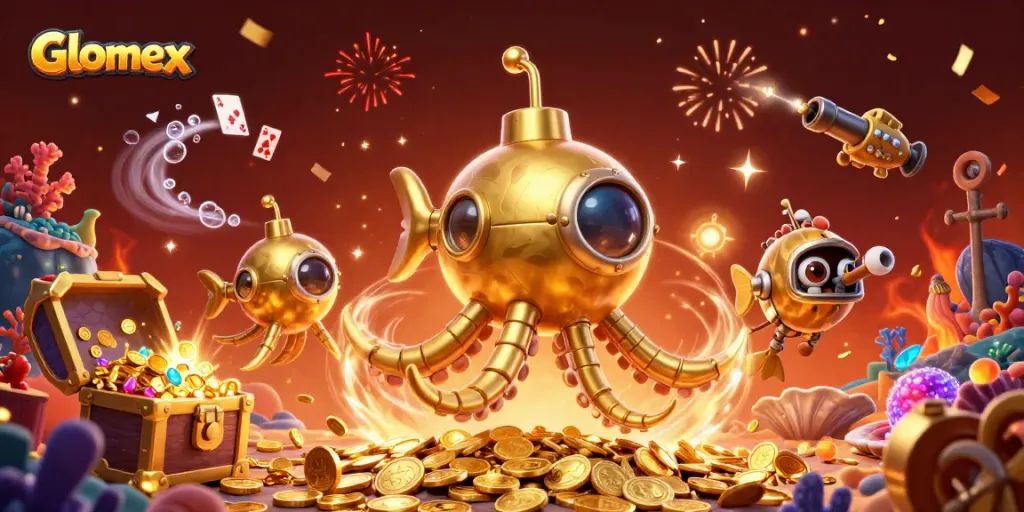 Glomex reveals exciting gaming adventures with golden kraken submarine and vibrant casino treasures.
