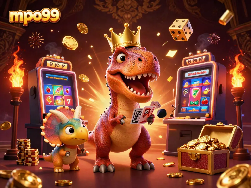 Jelajahi mpo99 dengan ilustrasi 3D lucu T-Rex yang mencoba mengocok kartu sambil dikelilingi mesin slot jackpot dan simbol keberuntungan.