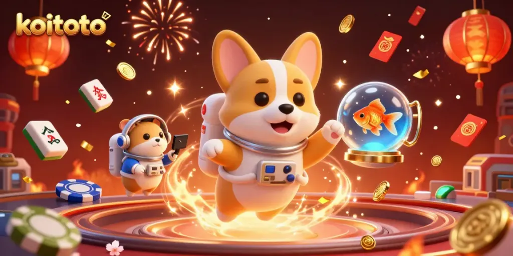 Koitoto casino scene showing a corgi and friends engaging in space-themed gaming with floating elements