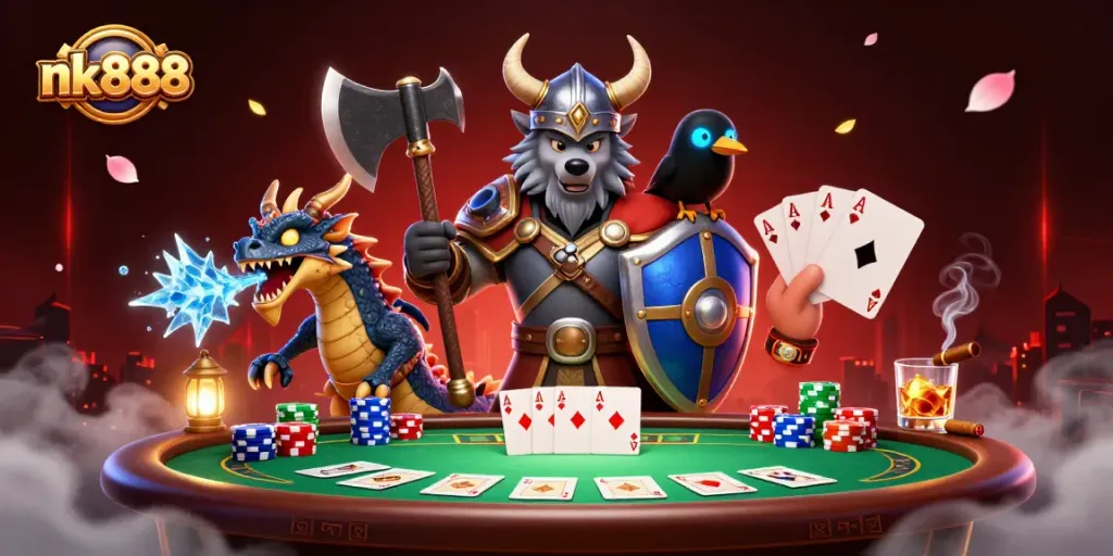 Engage in thrilling poker action within the nk888 casino featuring epic characters and vibrant game elements.