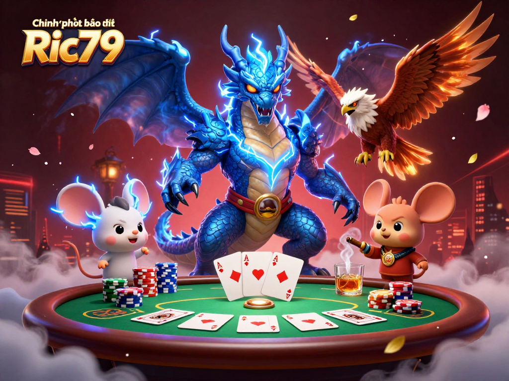Experience the thrilling ambiance of Chính sách bảo mật Ric79 with dynamic poker game elements, vibrant characters, and action!