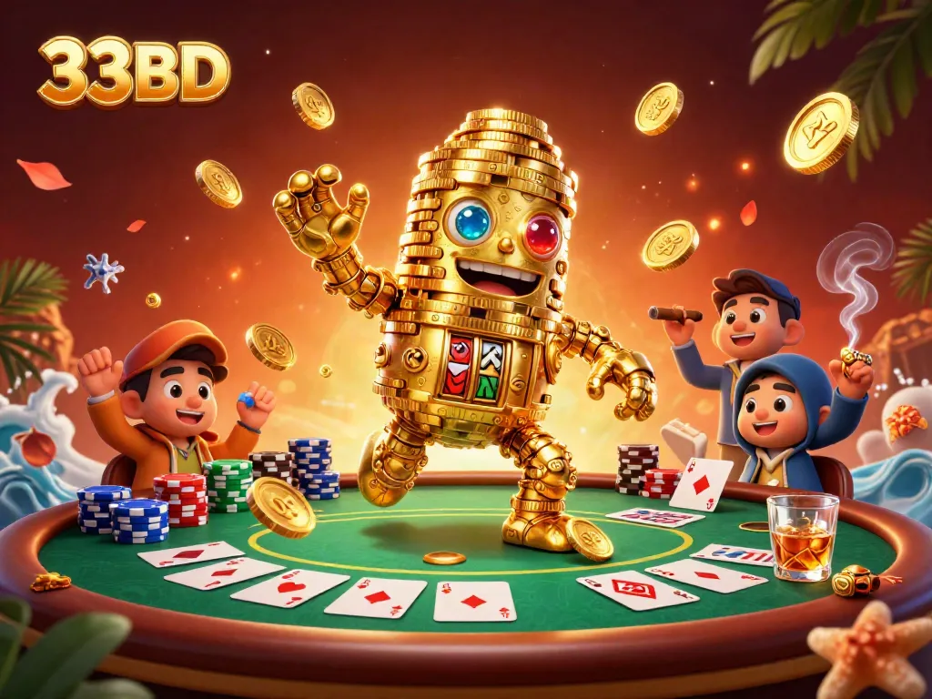 Engage with 33BD's exciting casino atmosphere showcasing a golden golem and poker elements.
