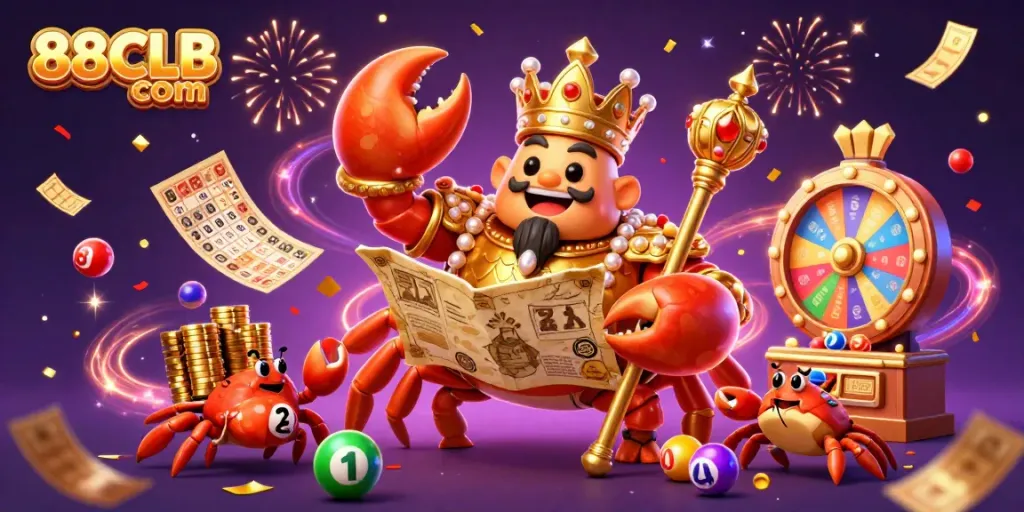 Experience the exciting world of 88CLB com with vibrant lottery balls and a golden crab emperor.