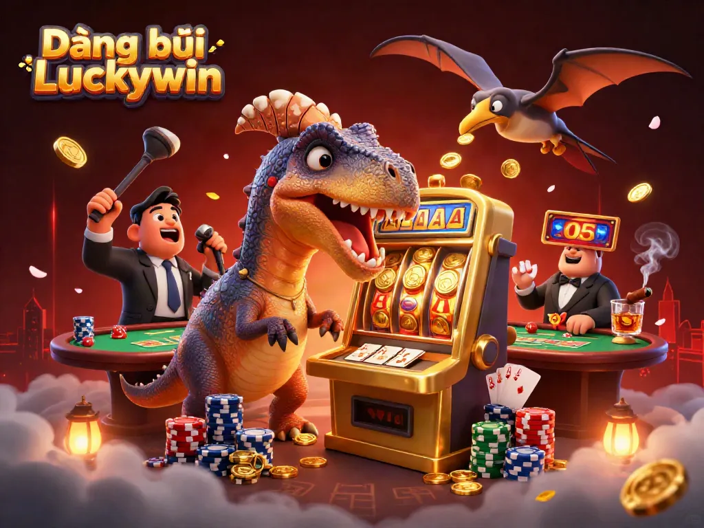 Experience the excitement of Đăng ký Luckywin with a 3D illustration depicting casino action packed with dynamic characters and rich casino elements.
