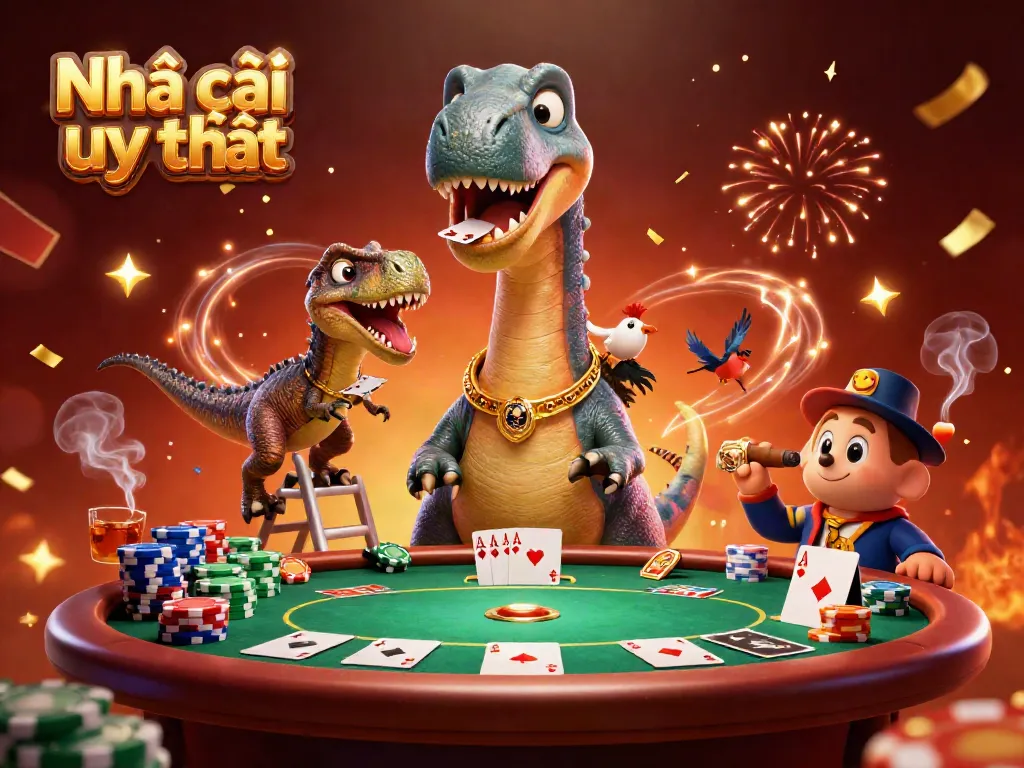 Play exciting games at Nhà cái uy tín while a raptor deals cards from a ladder to a giant brontosaurus!
