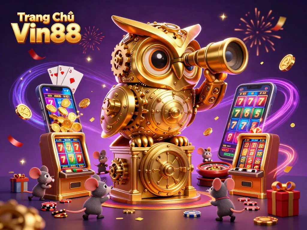 Experience excitement at Trang Chủ Vin88 with a detailed casino scene featuring dynamic gaming elements and festive atmosphere.