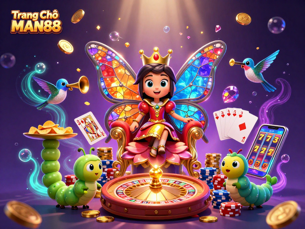 Experience the thrill of gaming on Trang Chủ MAN88 with a vibrant 3D illustration of a casino adventure.