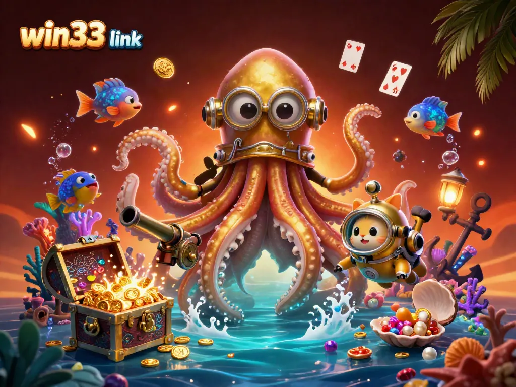 Play and win on win33 link while exploring vibrant underwater treasures in a 3D cartoon illustration.