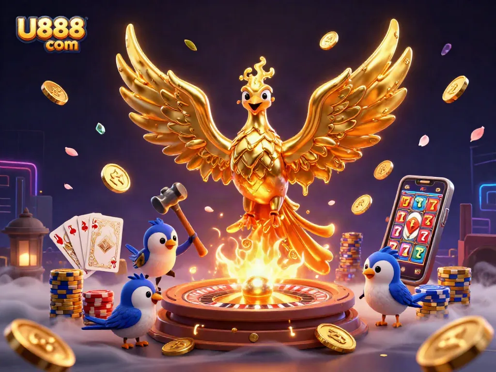 Experience the winning thrill of U888 com with golden phoenix, spinning roulette, and vibrant casino action.