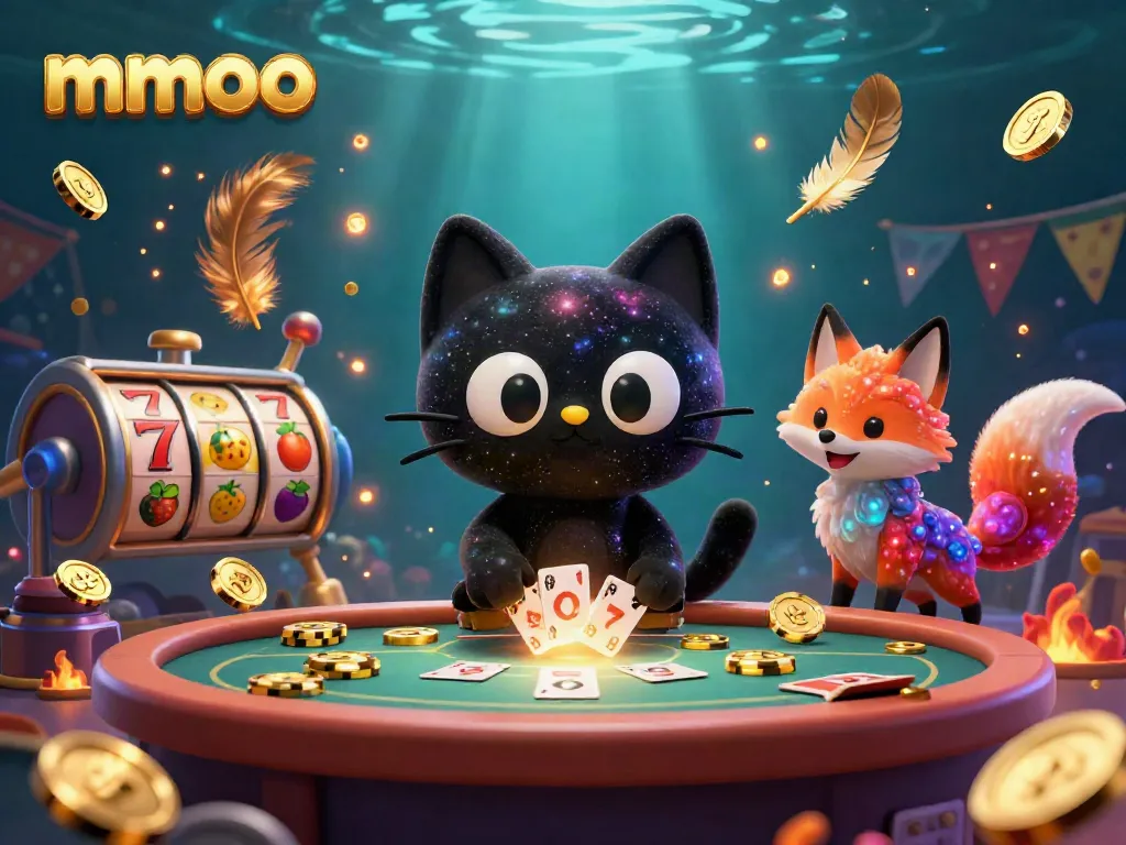 Engage with the mmoo universe as a cosmic black hole cat attracts casino chips and cards amidst vibrant gaming elements.