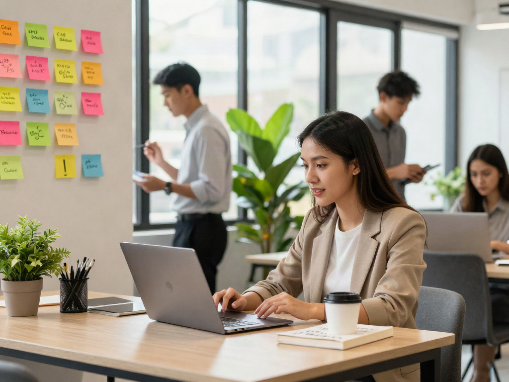 A young professional searching for หางาน in a vibrant co-working space, engaging in a video call and collaborating with others.