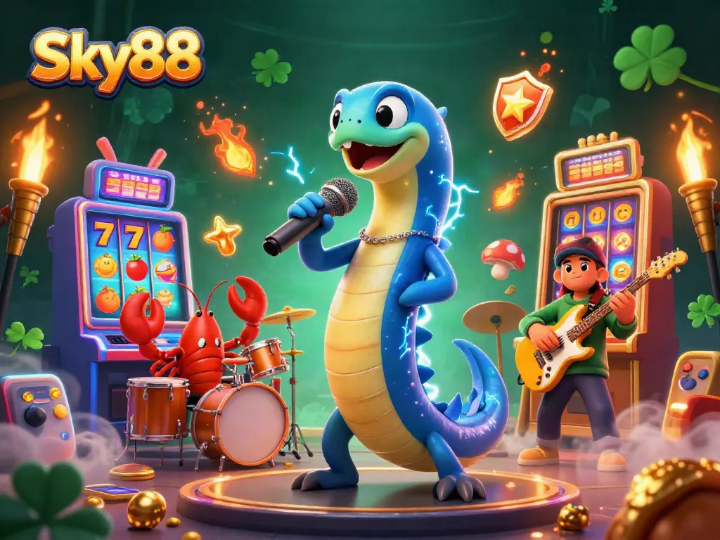 Experience the excitement of Sky88 with 3D cartoon characters performing in a vibrant underwater casino.