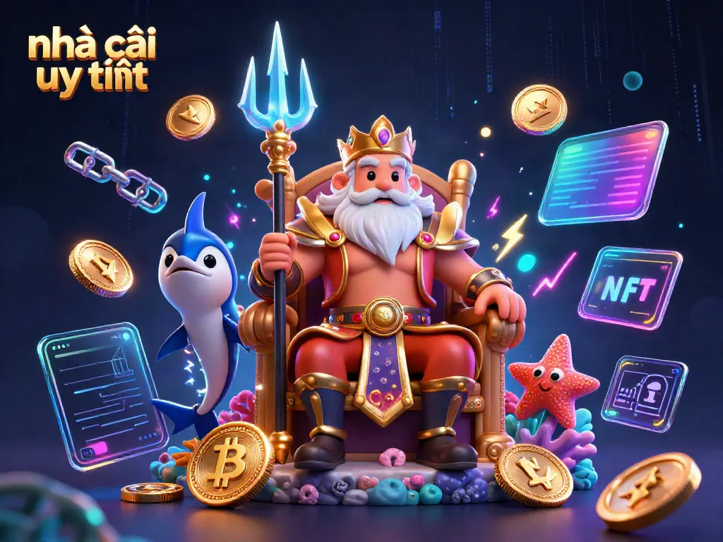 Engage with nhà cái uy tín in a vibrant 3D casino-themed illustration showcasing Neptune and crypto elements.