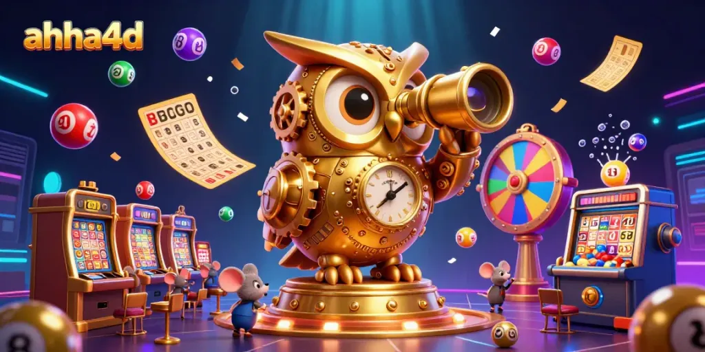 Experience the excitement of ahha4d with a golden owl scanning thrilling lottery games and colorful elements.