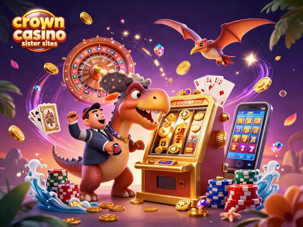 Engage with crown coins casino sister sites in this exciting 3D scene showcasing animated characters and vibrant gaming elements.