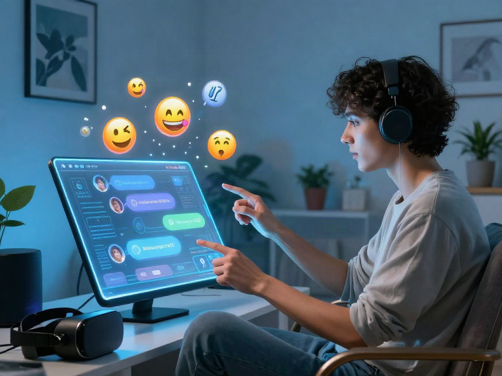 User interacting with sex AI chat interface in a futuristic digital environment, showcasing holographic emojis and a cozy atmosphere.