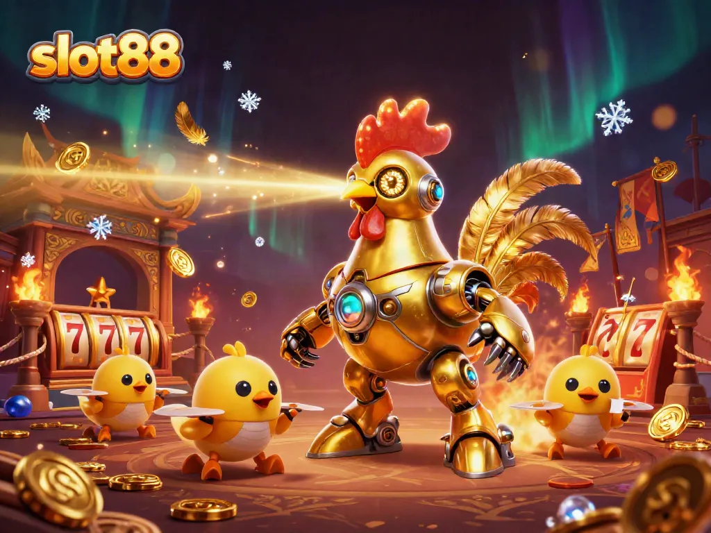 Slot88, robot ayam emas berteknologi tinggi, dikelilingi simbol permainan dan koin emas