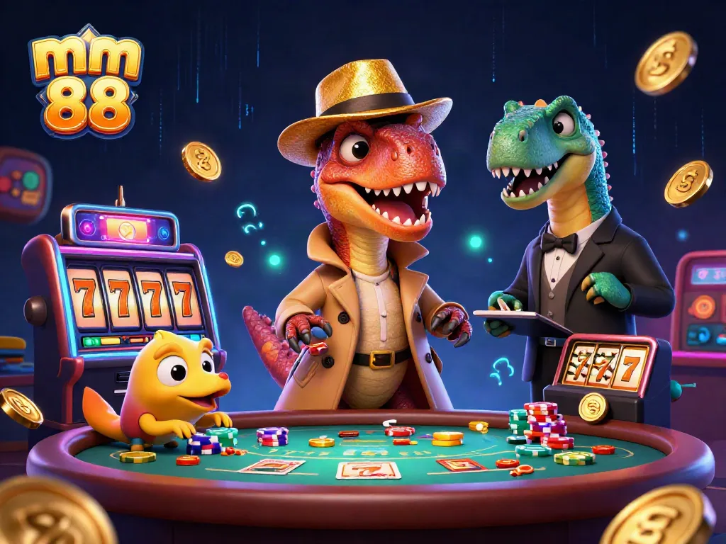 Engage with mm 88 at a vibrant casino scene featuring a velociraptor card counter and thrilling elements.