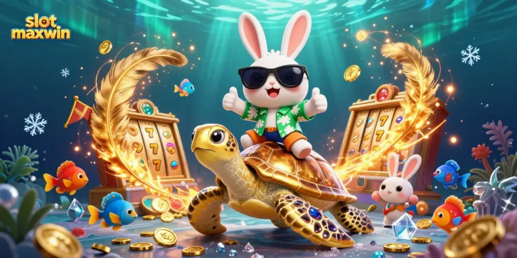 Experience slot maxwin excitement with a cartoon lucky rabbit and golden turtle in a vibrant casino scene.