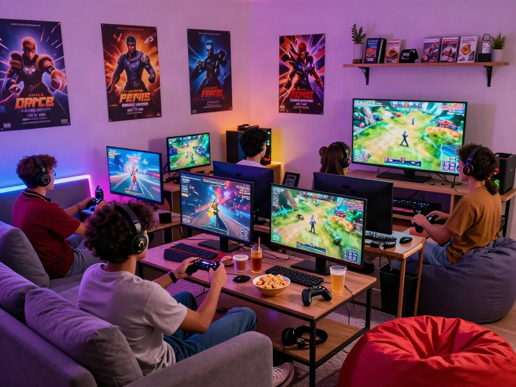 Gamers enjoying porngames in a cozy gaming room filled with vibrant decor and snacks.
